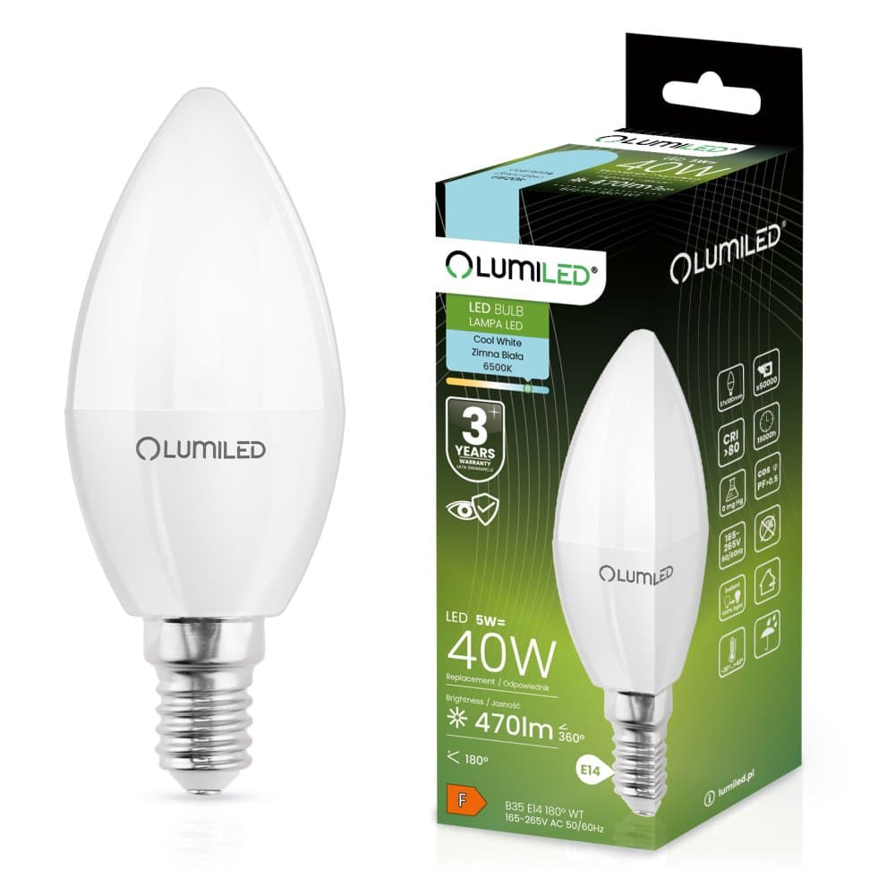LED žiarovka B35 E14 5W = 40W 470lm 6500K Cold 180° LUMILED 1