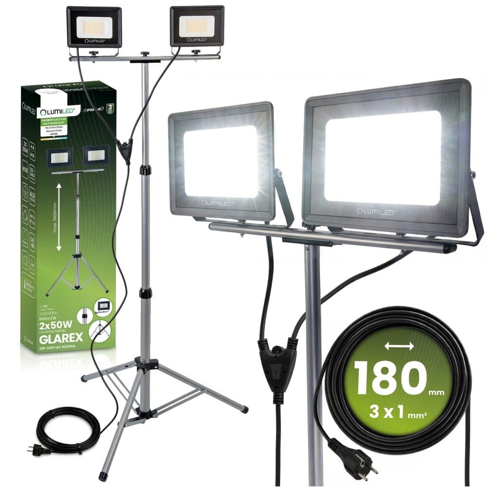 Reflektor LED Halogén lampa 2 x 50W na statíve GLAREX 4000K LUMILED 1