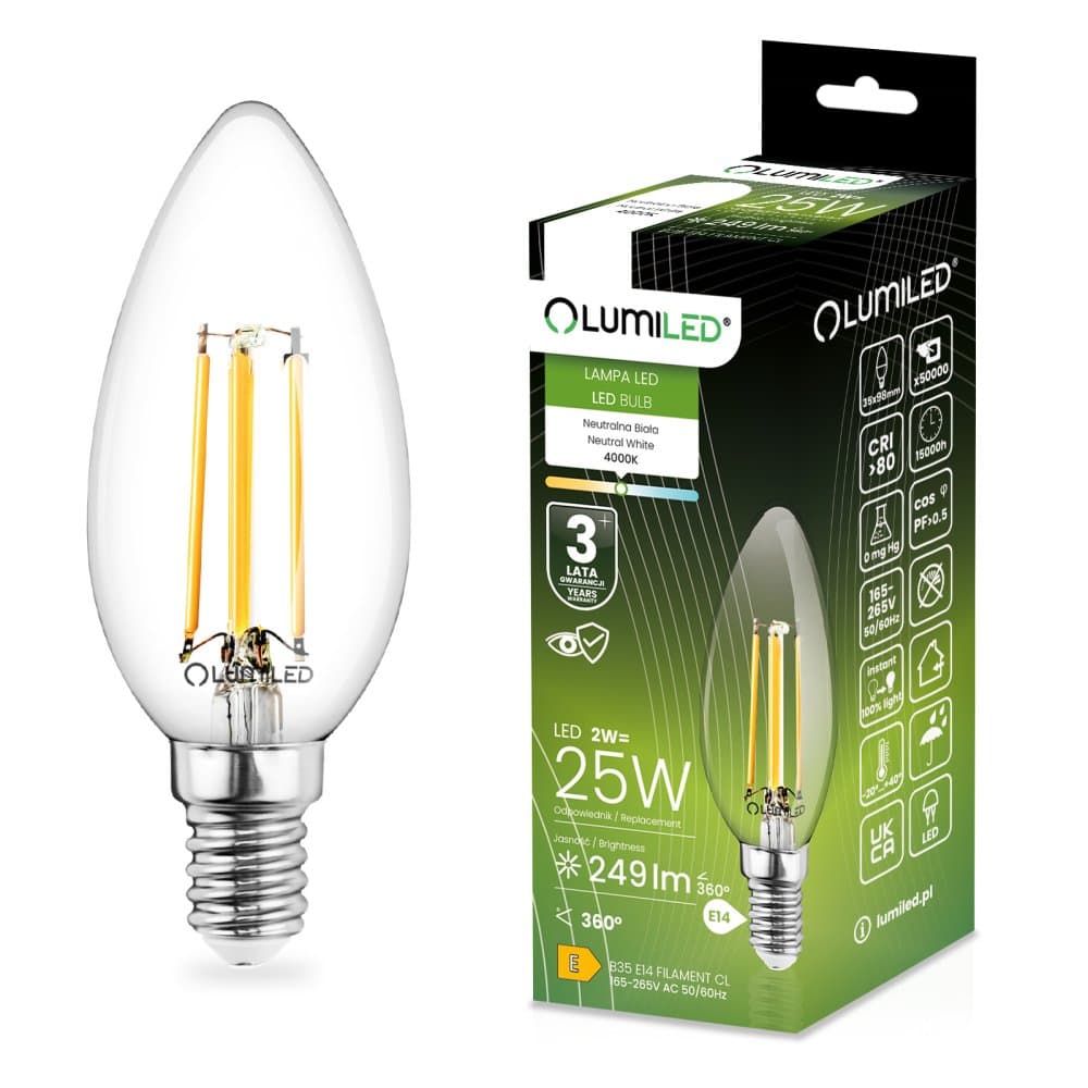 LED žiarovka E14 Candle B35 2W = 25W 249lm 4000K Neutral 360° FILAMENT LUMILED 1