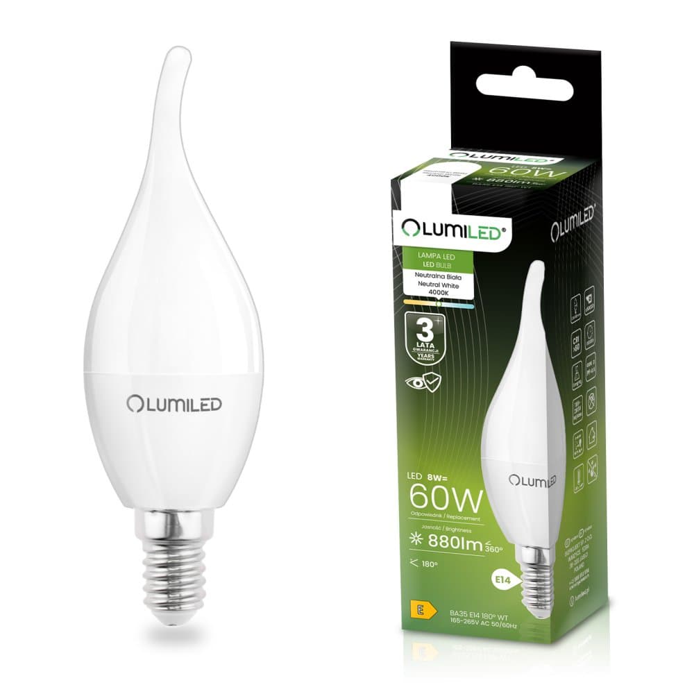 LED žiarovka E14 sviečka BA35 8W = 60W 880lm 4000K neutrálna 180° LUMILED 1