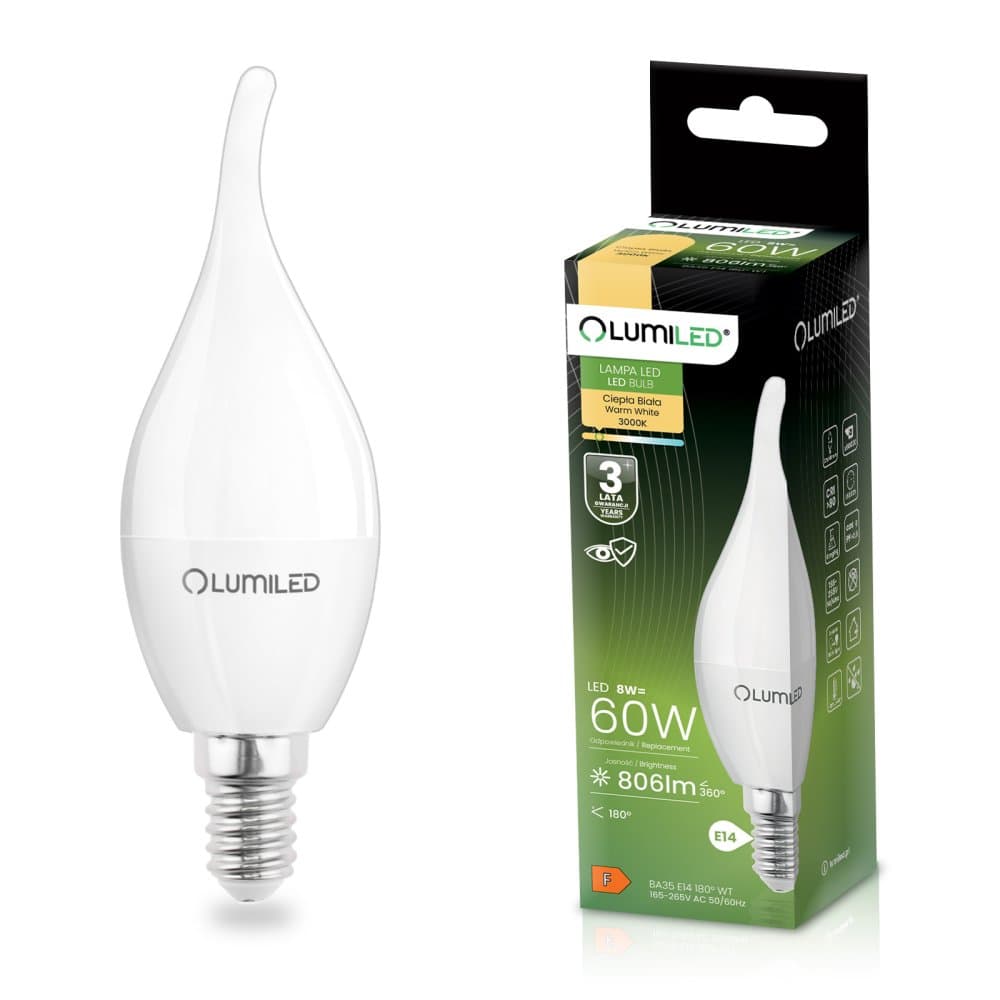 Žiarovka LED E14 Sviečka BA35 8W = 60W 806lm 3000K teplá 180° LUMILED 1