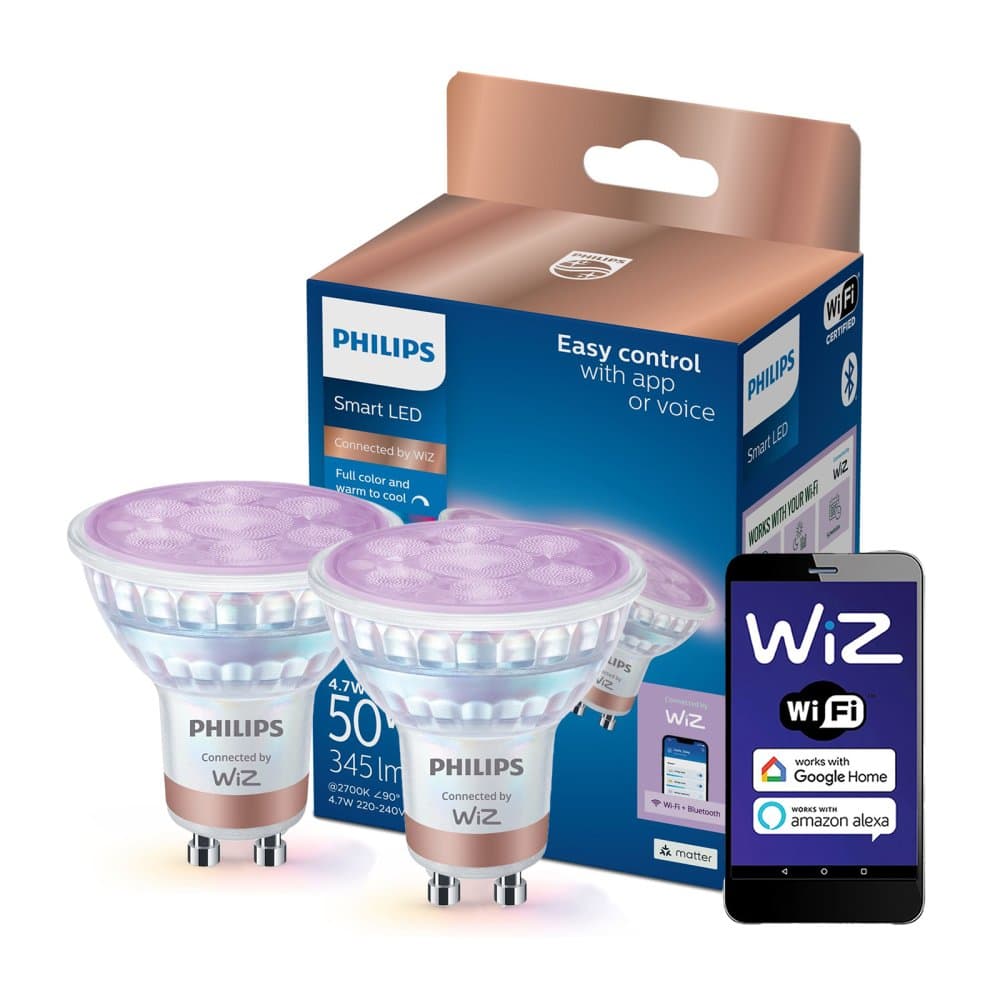 2x LED GU10 Reflector PAR16 4,7W = 50W 345lm 2200-6500K RGB + TW Smart SMART WiFi Bluetooth App WiZ Philips 1