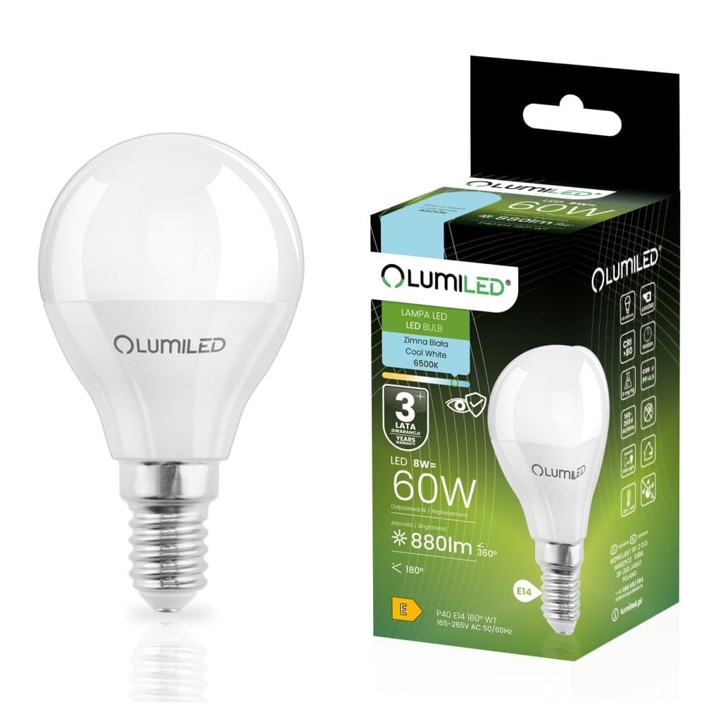 LED žiarovka E14 Ball P45 8W = 60W 880lm 6500K Cold 180° LUMILED 1