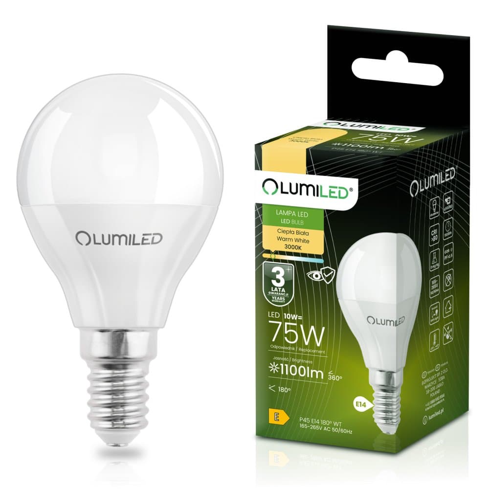 LED žiarovka E14 guľka P45 10W = 75W 1100lm 3000K teplá 180° LUMILED