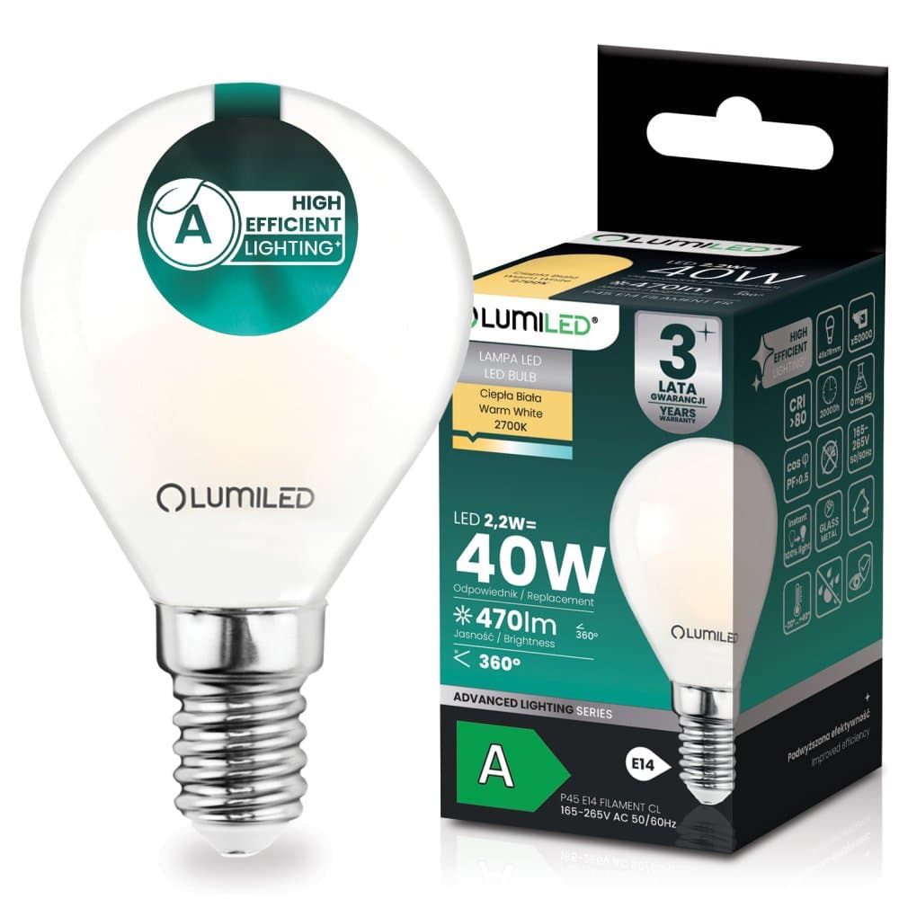 LED žiarovka E14 guľa P45 2, 2W 470lm = 40W 2700K teplá 360° filament KLASA A LUMILED