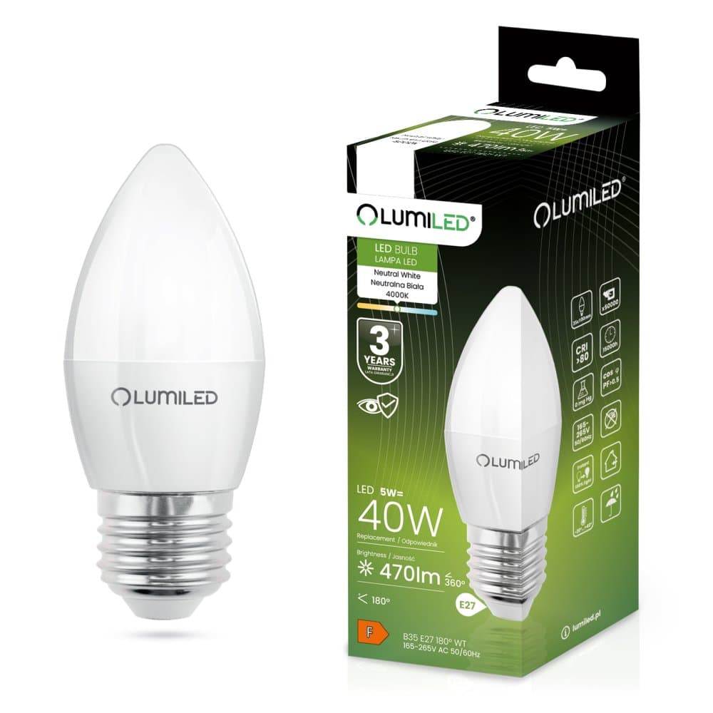 LED žiarovka E27 B35 5W = 40W 470lm 4000lm Neutrálna 180° LUMILED 1
