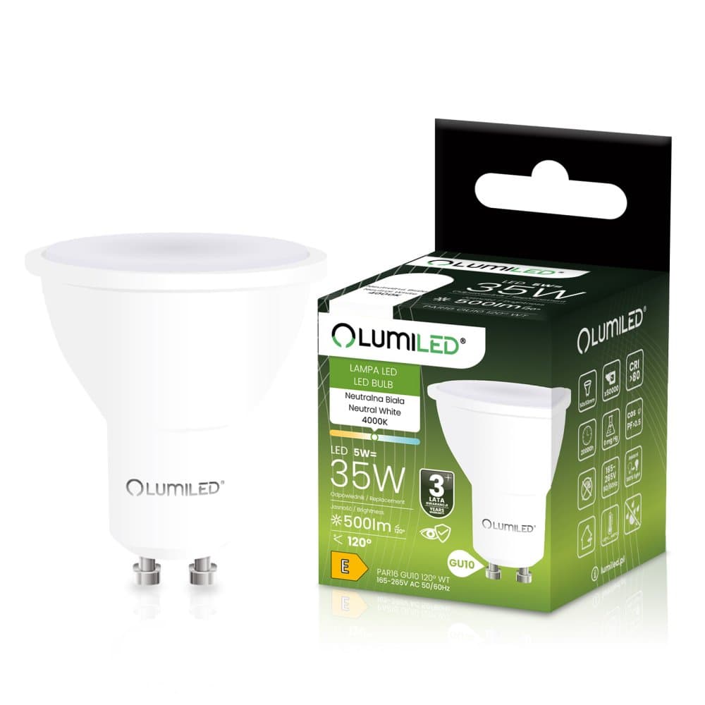 Žiarovka LED GU10 reflektor PAR16 5W = 35W 500lm 4000K neutrálna 120° LUMILED 1