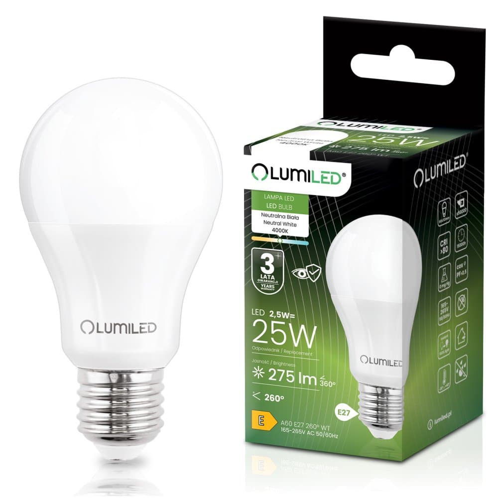 LED žiarovka E27 A60 2, 5W = 25W 275lm 4000K neutrálna 260° LUMILED