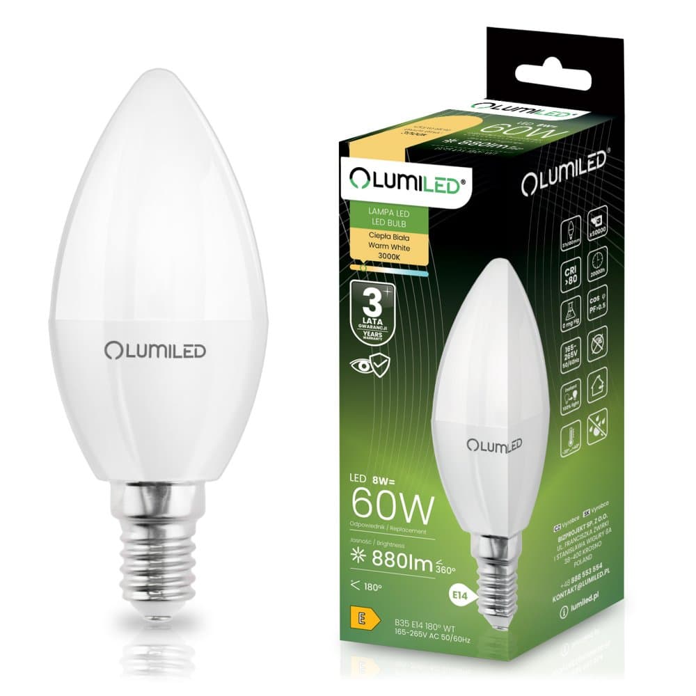 LED žiarovka E14 sviečka B35 8W = 60W 880lm 3000K teplá 180° LUMILED