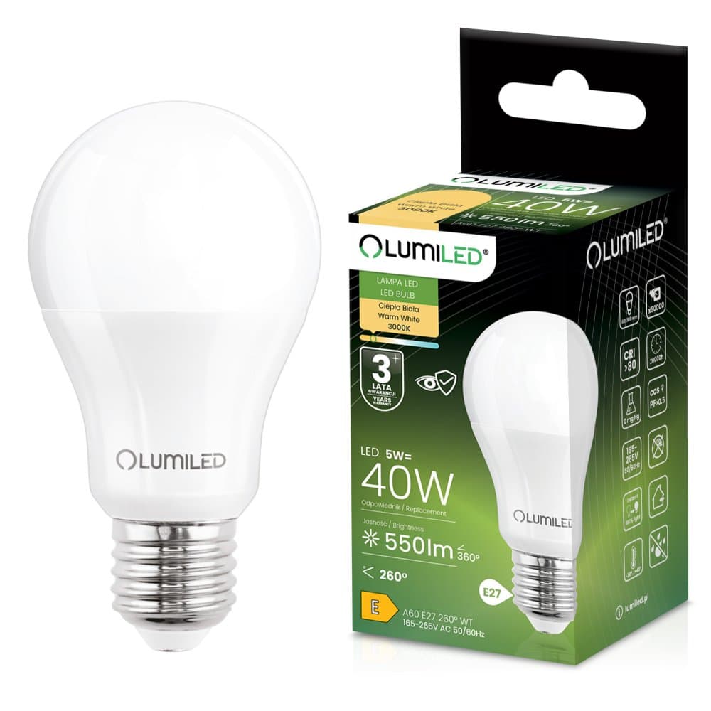 LED žiarovka E27 A60 5W = 40W 550lm 3000K teplá 260° LUMILED 1