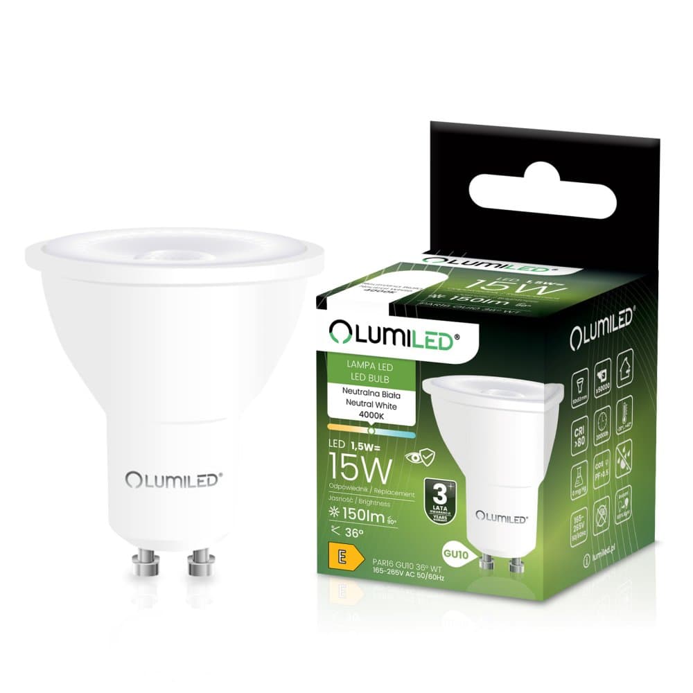 LED žiarovka GU10 reflektor PAR16 1, 5W = 15W 150lm 4000K neutrálna 36° LUMILED
