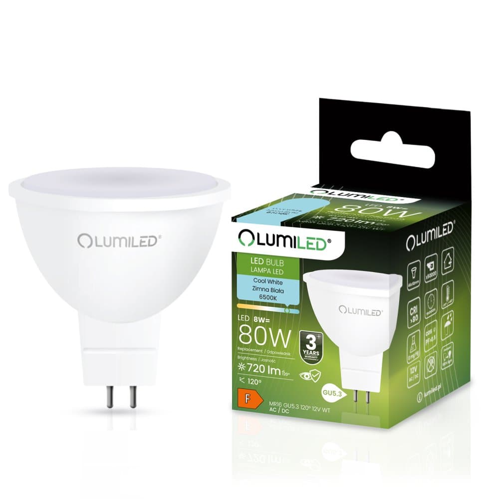 LED žiarovka GU5.3 MR16 8W = 80W 720lm 6500K Cold 120° 12V LUMILED
