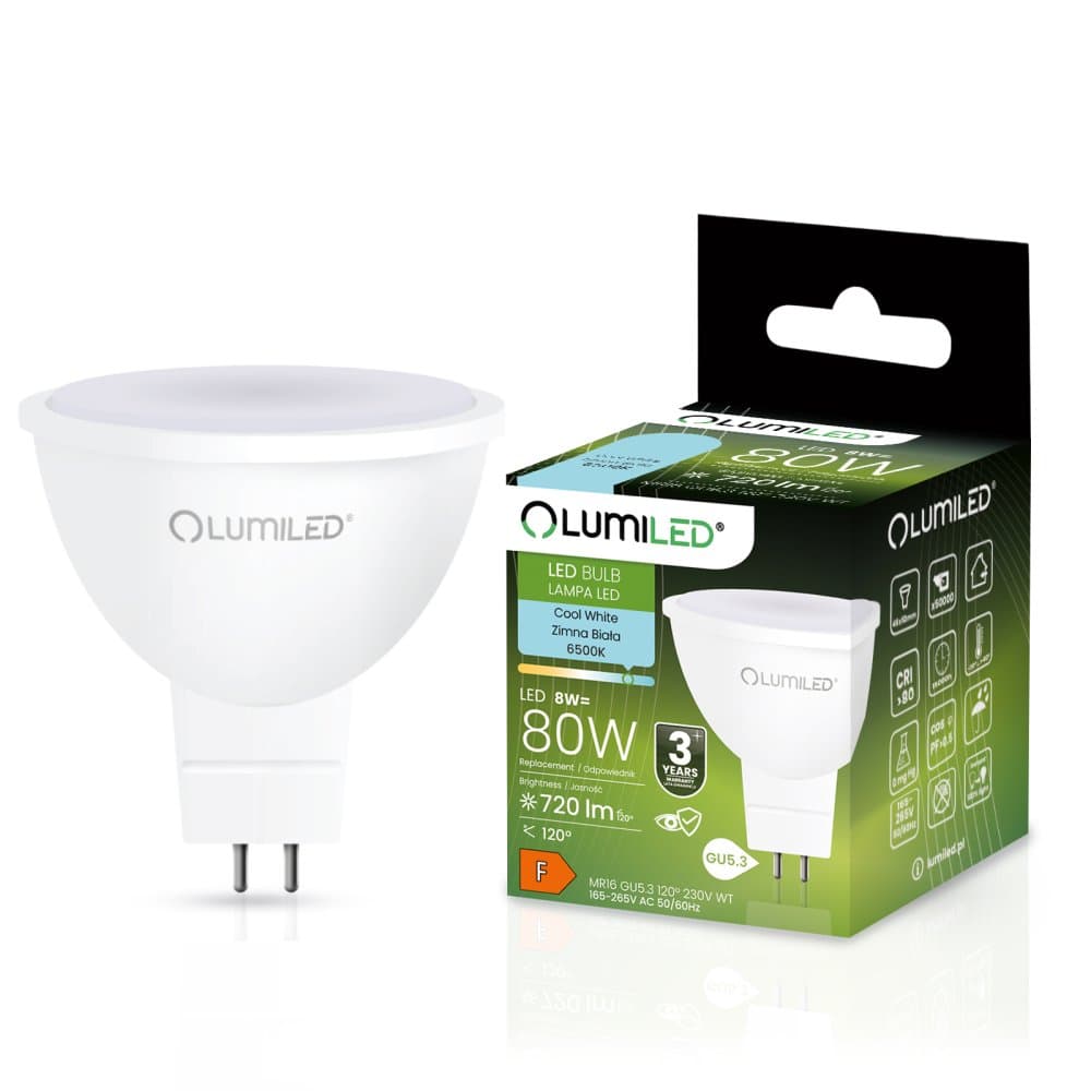 LED žiarovka GU5.3 MR16 8W = 80W 720lm 6500K Cold 120° LUMILED