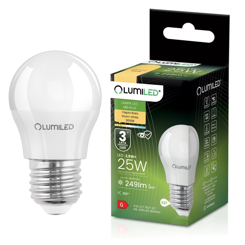 LED žiarovka E27 P40 2,5W = 25W 249lm 3000K Warm 180° LUMILED