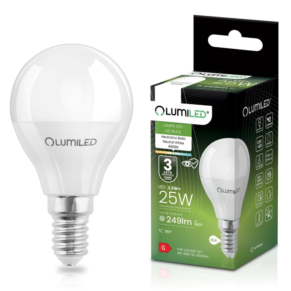 LED žiarovka E14 P40 2,5W = 25W 249lm 4000K Neutrálna 180° LUMILED 1