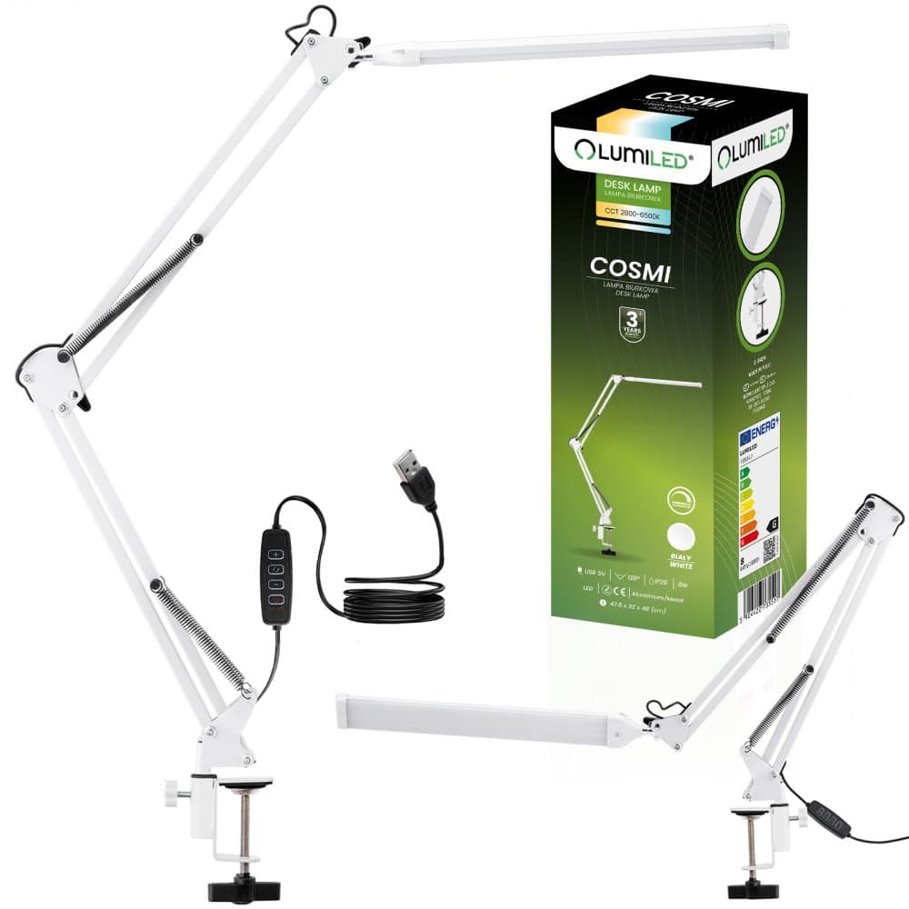 Stolová kresliarska LED 8W CCT USB stmievateľná COSMI biela s držiakom Lumiled 1