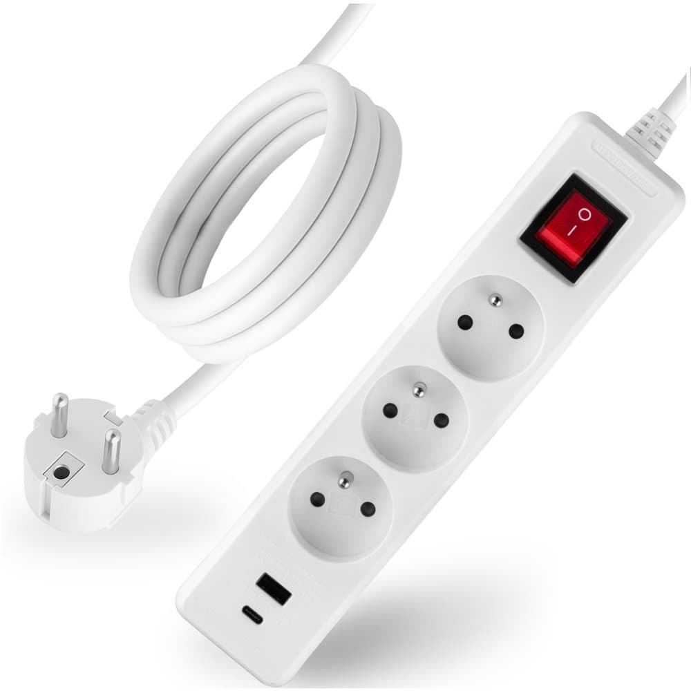 Sieťový predlžovací kábel s uzemnením napájacia lišta 3 zásuvky 3m vypínač ON/OFF biely USB + USB-C ELGER Lumiled 1