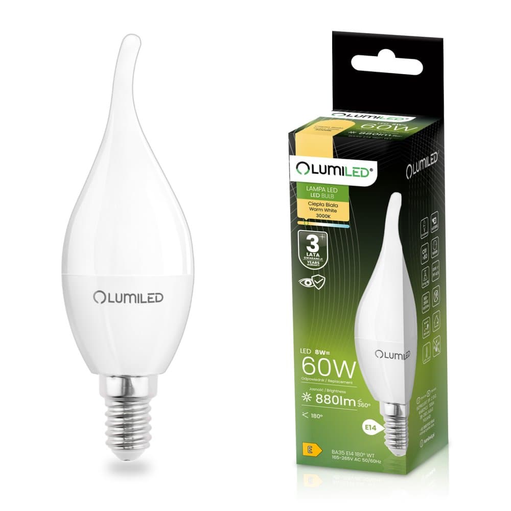 LED žiarovka E14 sviečka BA35 8W = 60W 880lm 3000K teplá 180° LUMILED
