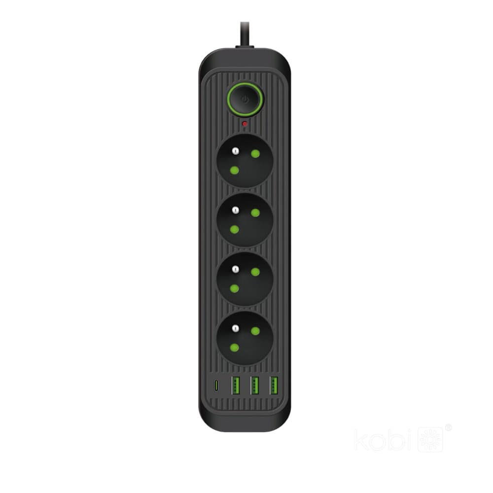 Predlžovací kábel sieťový 3m vypínač On/Off USB 4x zásuvka so zemnením čierny Connecto Kobi 1