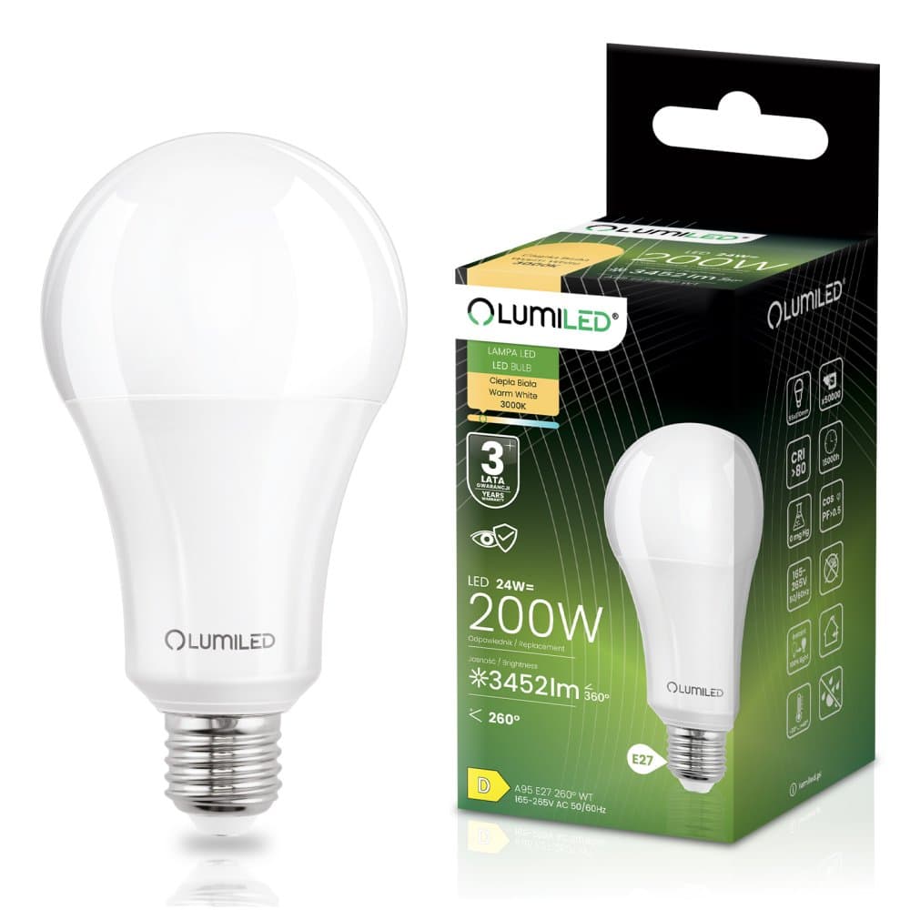 LED žiarovka E27 A80 24W = 200W 3452lm 3000K Warm 260° CCD LUMILED