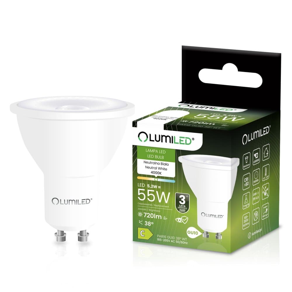 LED žiarovka GU10 reflektor PAR16 5, 2W = 55W 720lm 4000K neutrálna 38° LUMILED 1