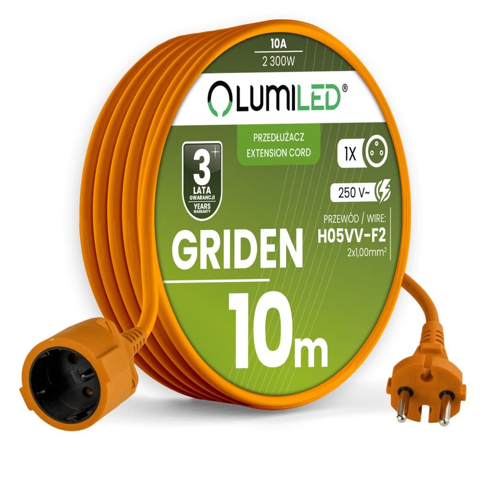 Záhradný predlžovací kábel stavebný jednoduchý 1 zásuvka 10m oranžový šnúra GRIDEN Lumiled 1