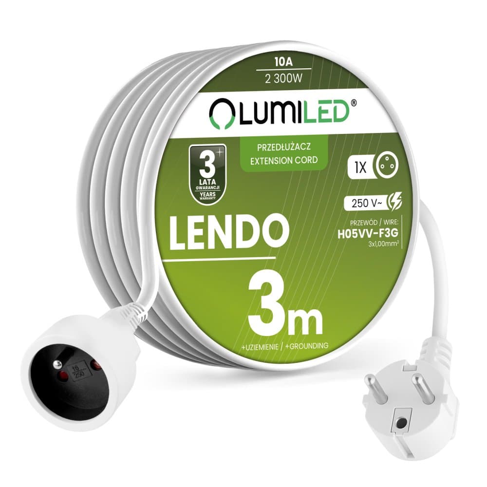 Sieťový predlžovací kábel s uzemnením napájacia lišta 1 zásuvka 3m biely kábel Lendo Lumiled
