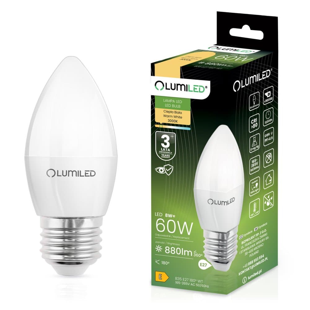 LED žiarovka E27 sviečka B35 8W = 60W 880lm 3000K teplá 180° LUMILED 1