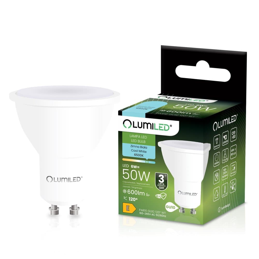 LED žiarovka GU10 reflektor PAR16 6W = 50W 600lm 6500K studená 120° LUMILED 1