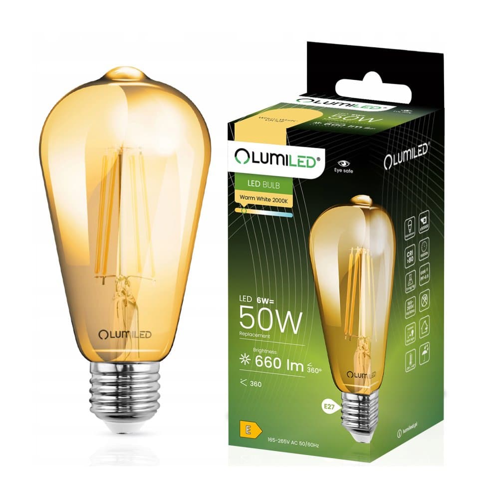 LED žiarovka E27 ST64 6W = 50W 660lm 2200K Warm 360° Filament LUMILED