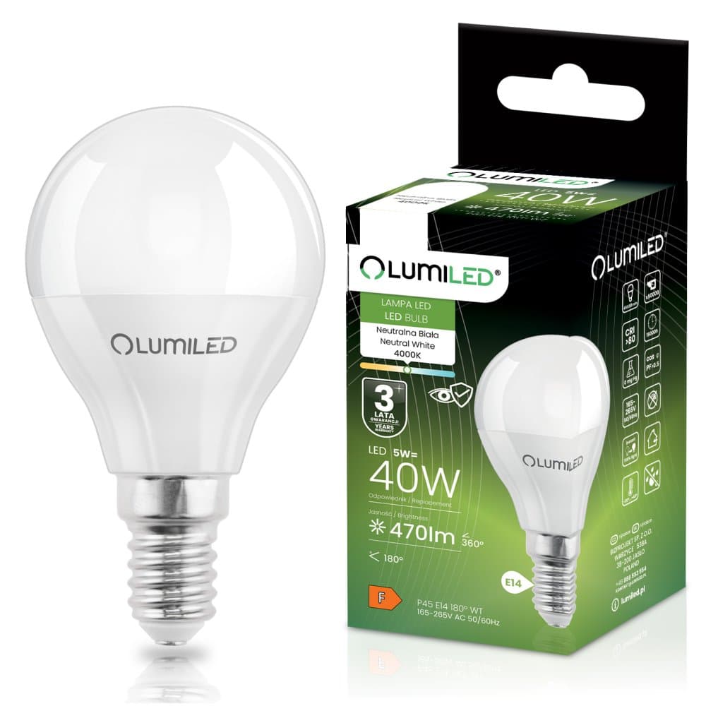 LED žiarovka E14 P40 5W = 40W 470lm 4000K Neutrálna 180° LUMILED 1
