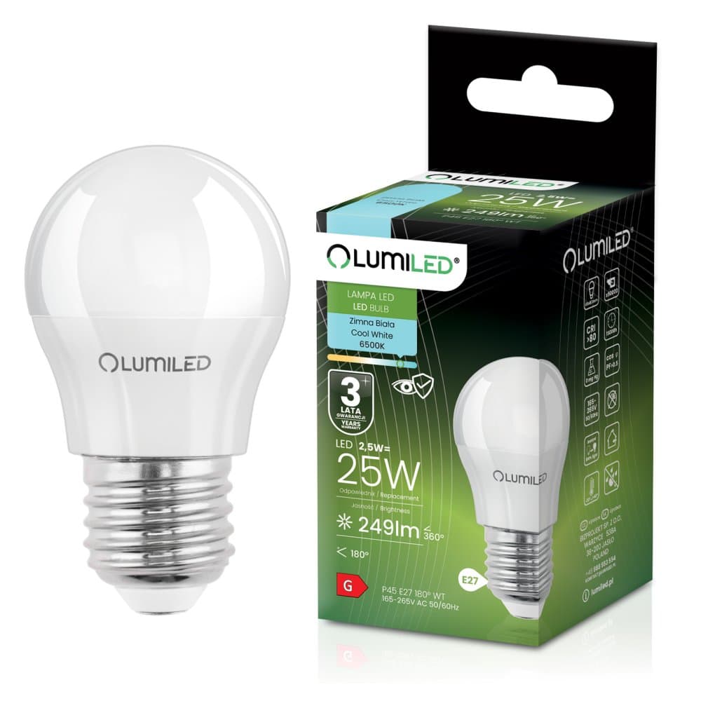 Žiarovka LED E27 guľa P45 2, 5W = 25W 249lm 6500K studená 180° LUMILED