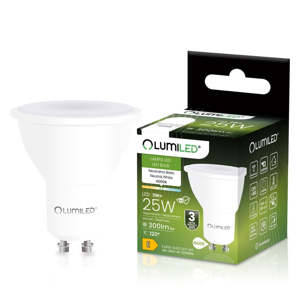 Žiarovka LED GU10 reflektor PAR16 3W = 25W 300lm 4000K neutrálna 120° LUMILED