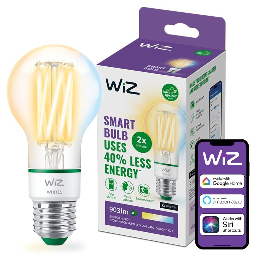 LED žiarovka E27 A60 4,3W = 60W 903lm 2700-4000K TW FILAMENT Intelligent SMART WiFi Bluetooth App WiZ 1