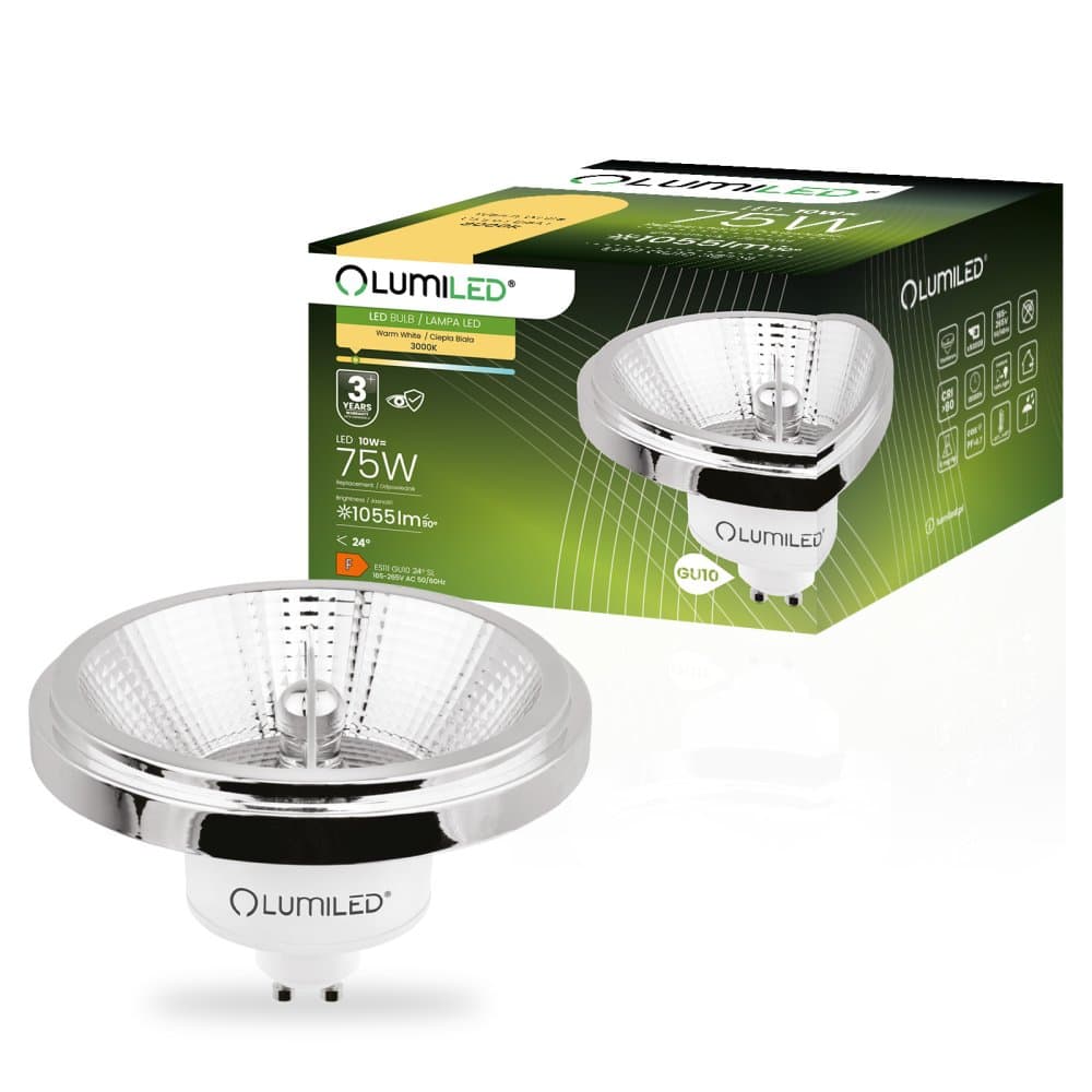 Žiarovka LED GU10 s reflektorom ES111 10W = 75W 1055lm 3000K teplá 24° strieborná LUMILED