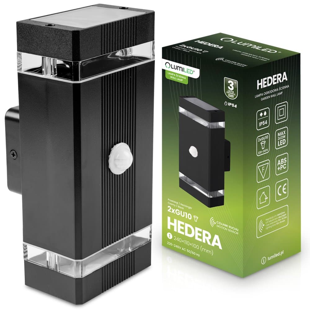 Vonkajšie nástenné svietidlo fasádne hore-dole 2x GU10 čierna snímač pohybu a súmraku IP54 HEDERA LUMILED