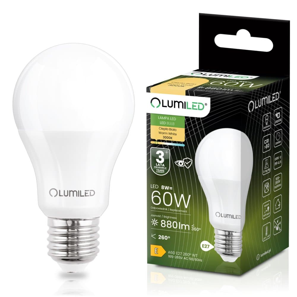 LED žiarovka E27 A60 8W = 60W 880lm 3000K teplá 260° LUMILED