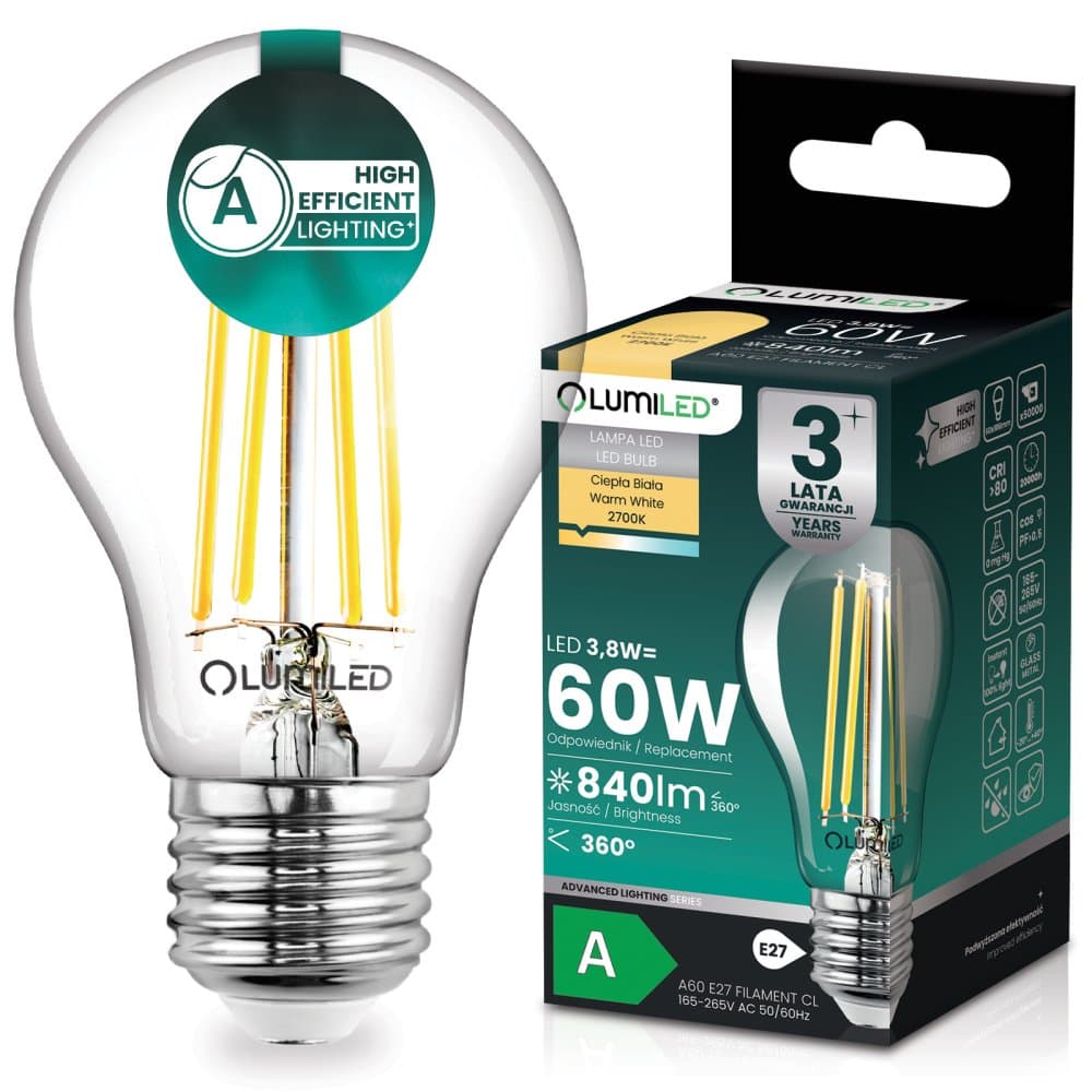 LED žiarovka E27 A60 3, 8W 840lm = 60W 2700K teplá 360° filament KLASA A LUMILED Lumiled