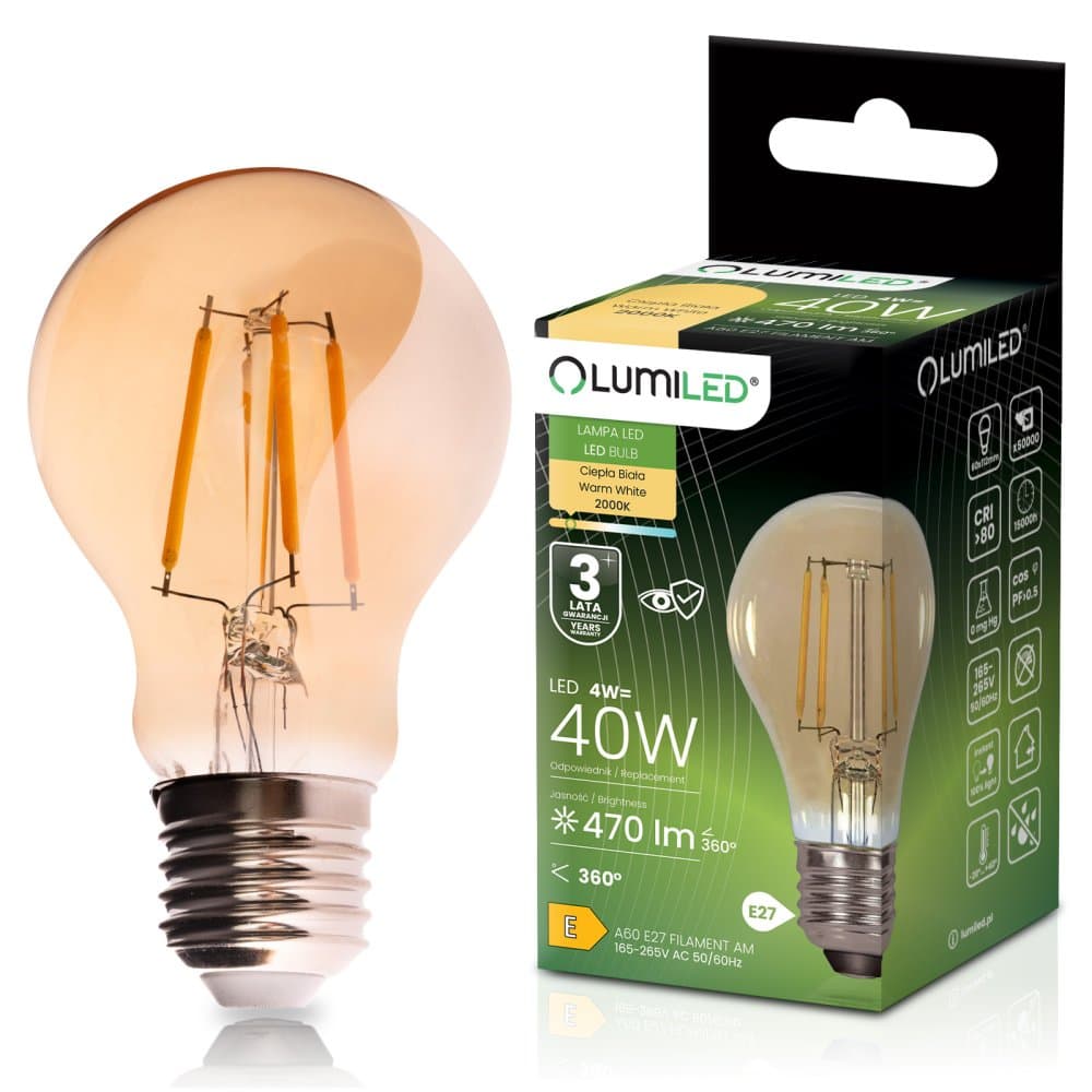 LED žiarovka E27 A60 4W 470lm = 40W 2000K teplá 360° filament amber LUMILED 1