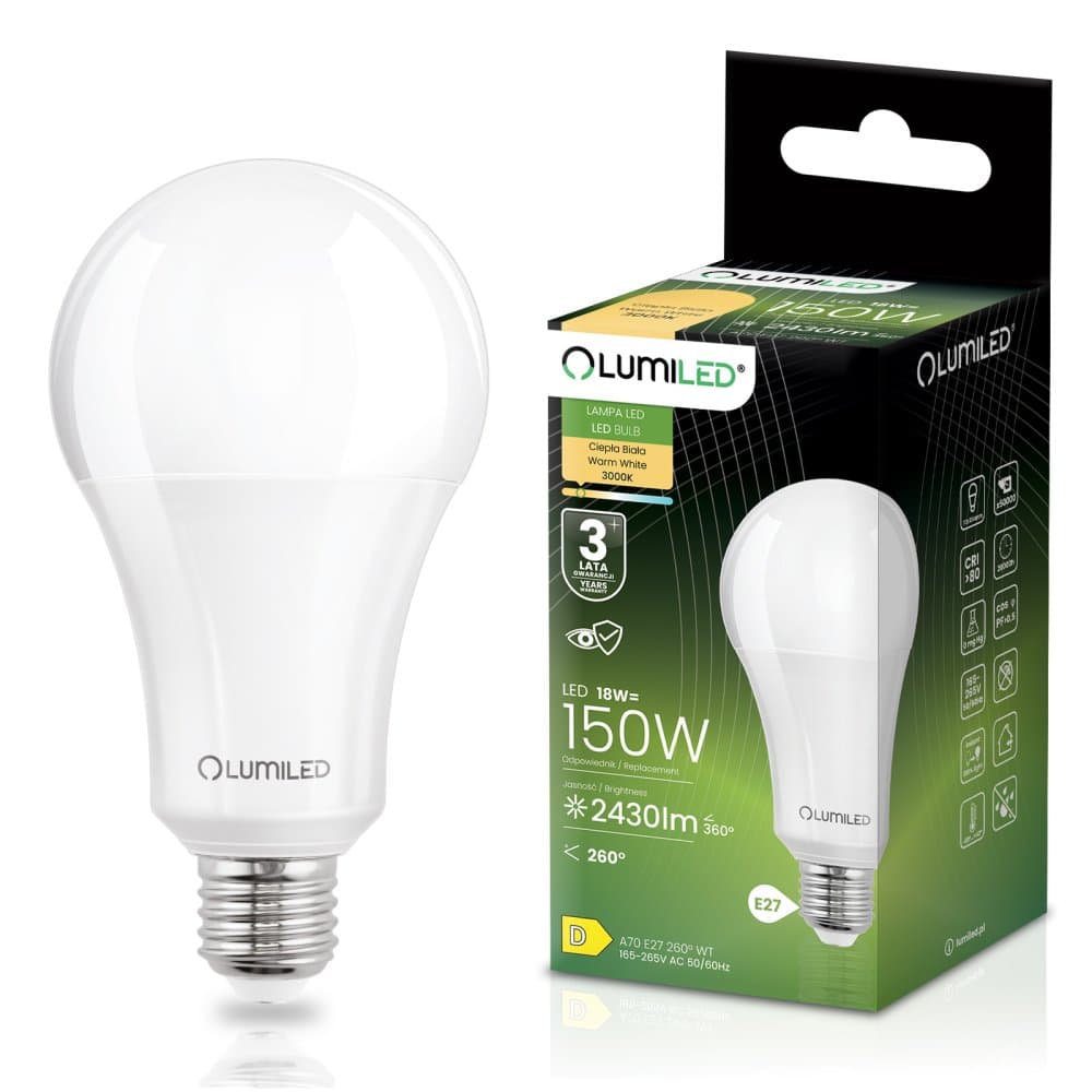 LED žiarovka E27 A70 18W = 150W 2430lm 3000K teplá 260° LUMILED 1