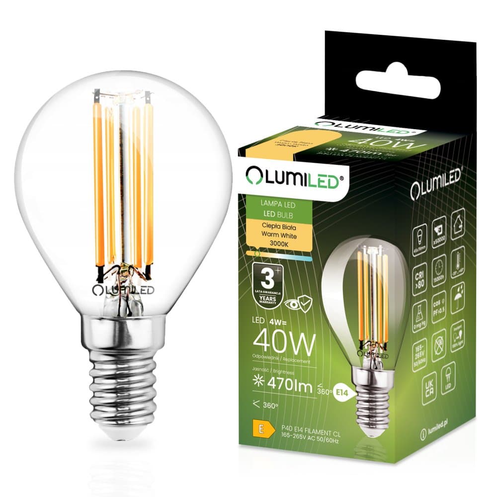 LED žiarovka E14 Ball P45 4W = 40W 470lm 3000K Warm 360° FILAMENT LUMILED