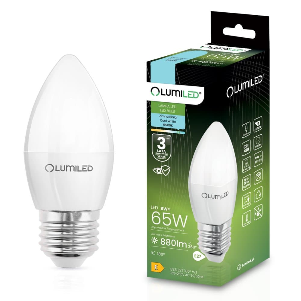 LED žiarovka E27 sviečka B35 8W = 65W 880lm 6500K studená 180° LUMILED 1