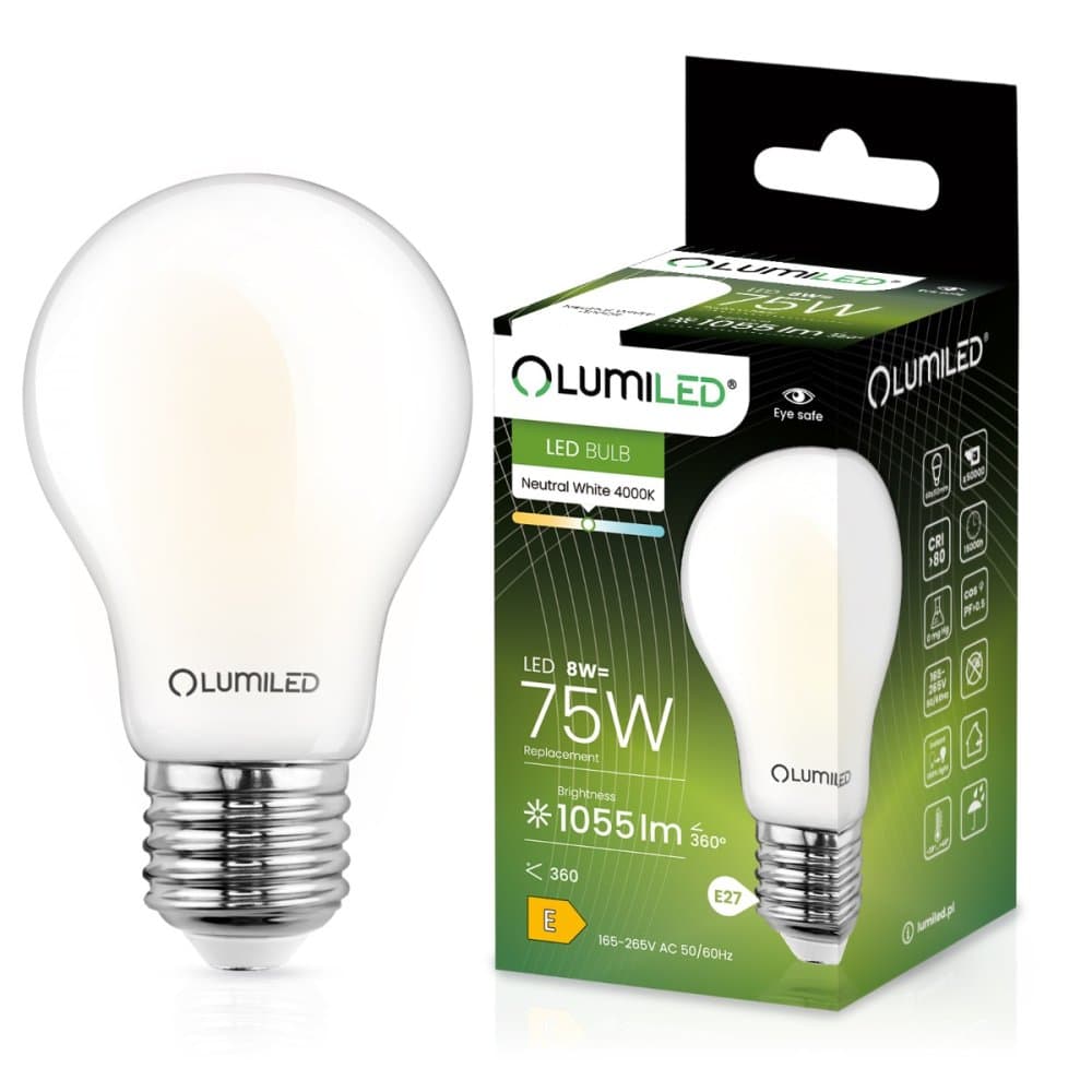 LED žiarovka E27 A60 8W = 75W 1055lm 4000lm Neutrálne 360° vlákno Milk LUMILED 1
