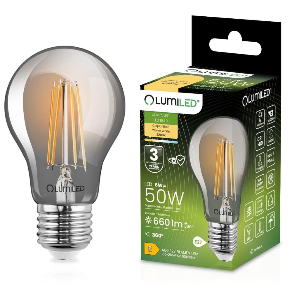 LED žiarovka A60 E27 6W = 50W 660lm 2200K Warm 360° Filament Smoked LUMILED Smokey
