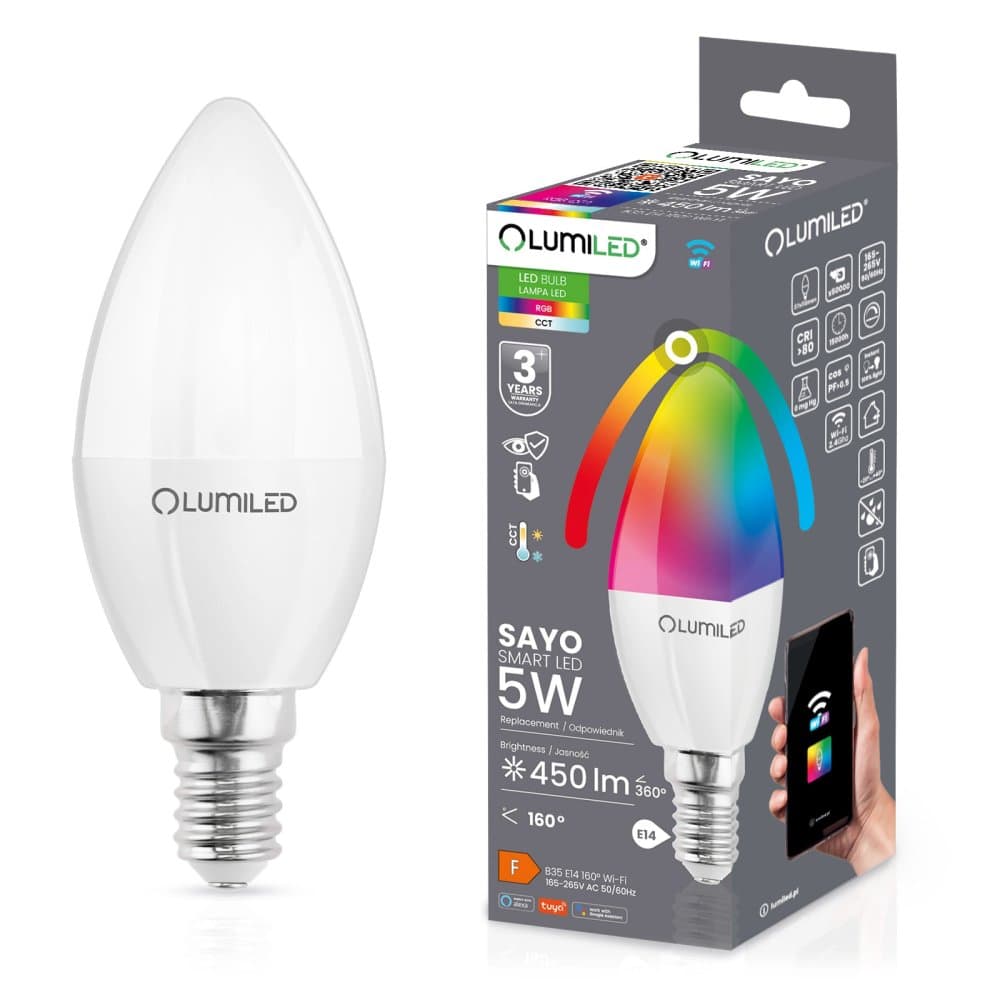 LED žiarovka E14 B35 CANDLE 5W = 40W 450lm RGB stmievateľná CCT Inteligentná TUYA WiFi SMART SAYO LUMILED 1