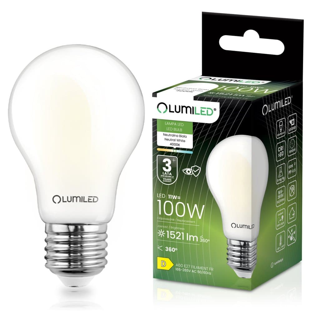 LED žiarovka E27 A60 11W = 100W 1521lm 4000K neutrálna 360° FILAMENT LUMILED