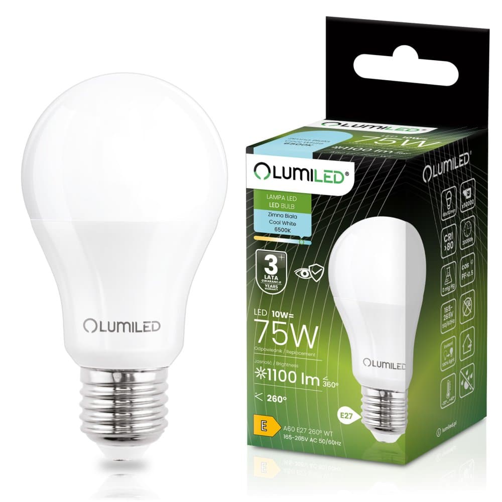 LED žiarovka E27 A60 10W = 75W 1100lm 6500K studená 260° LUMILED
