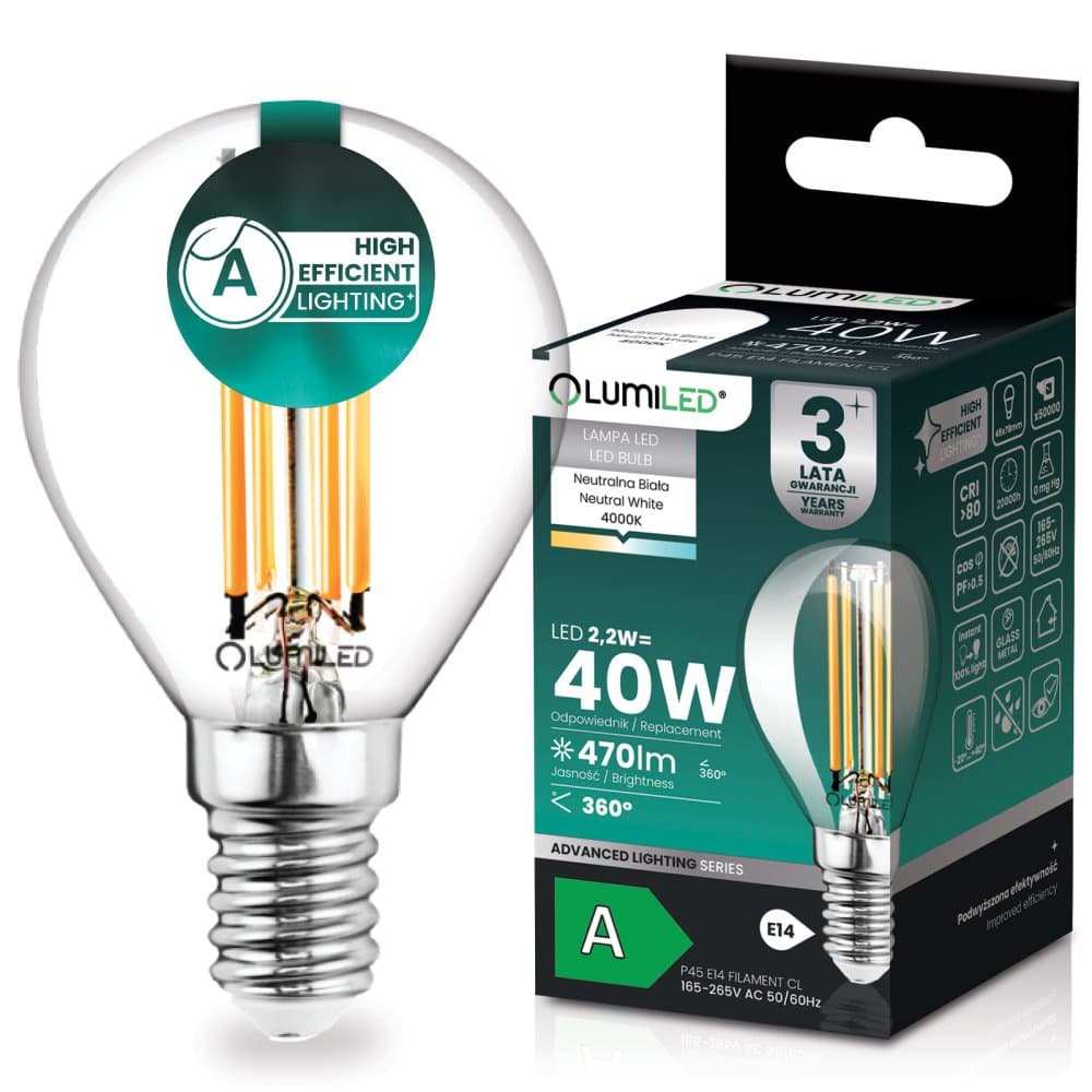 LED žiarovka E14 guľa P45 2, 2W 470lm = 40W 4000K neutrálna 360° filament KLASA A Lumiled