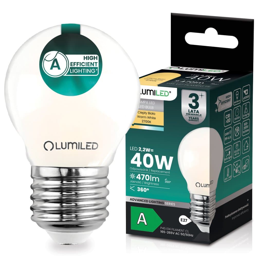 LED žiarovka E27 guľka P45 2, 2W 470lm = 40W 2700K teplá 360° filament KLASA A LUMILED