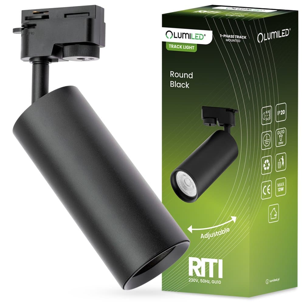 Koľajnicový reflektor GU10 čierna RITI lampa pre jednofázové koľajnicové systémy LUMILED